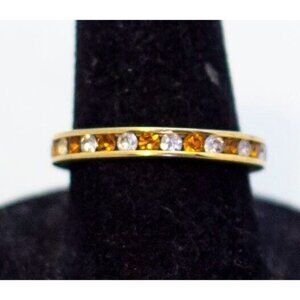 Size 7, Vintage Orange & Colorless Rhinestones Gold Tone Ring - A23